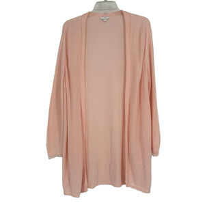 J Jill Linen Blend Open Front Cardigan Long Line Light Pink Fringe Sleeve Size L